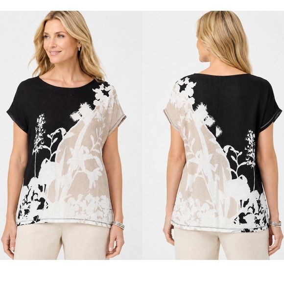 Chico's Tops - Chico's Linen Top Womens Medium Black Beige Floral Print Cap Sleeve Tee Artsy